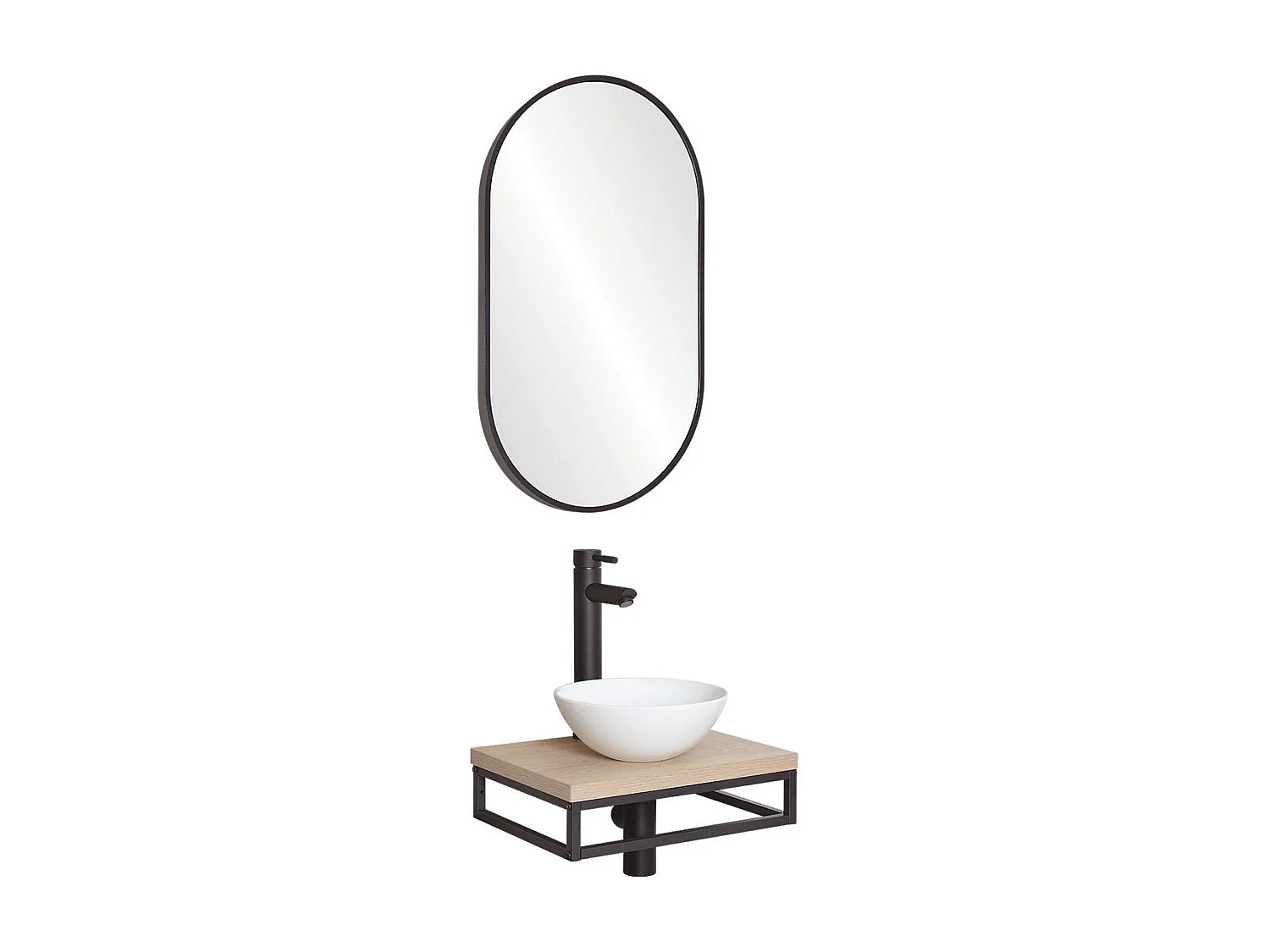 Meuble lave-mains plan fin porte-serviettes dessous + vasque blanche + miroir