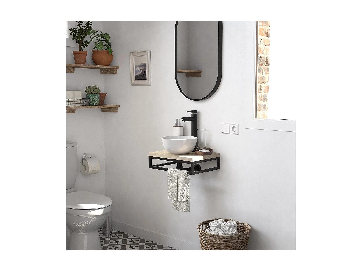 Meuble lave-mains plan fin porte-serviettes dessous + vasque blanche + miroir