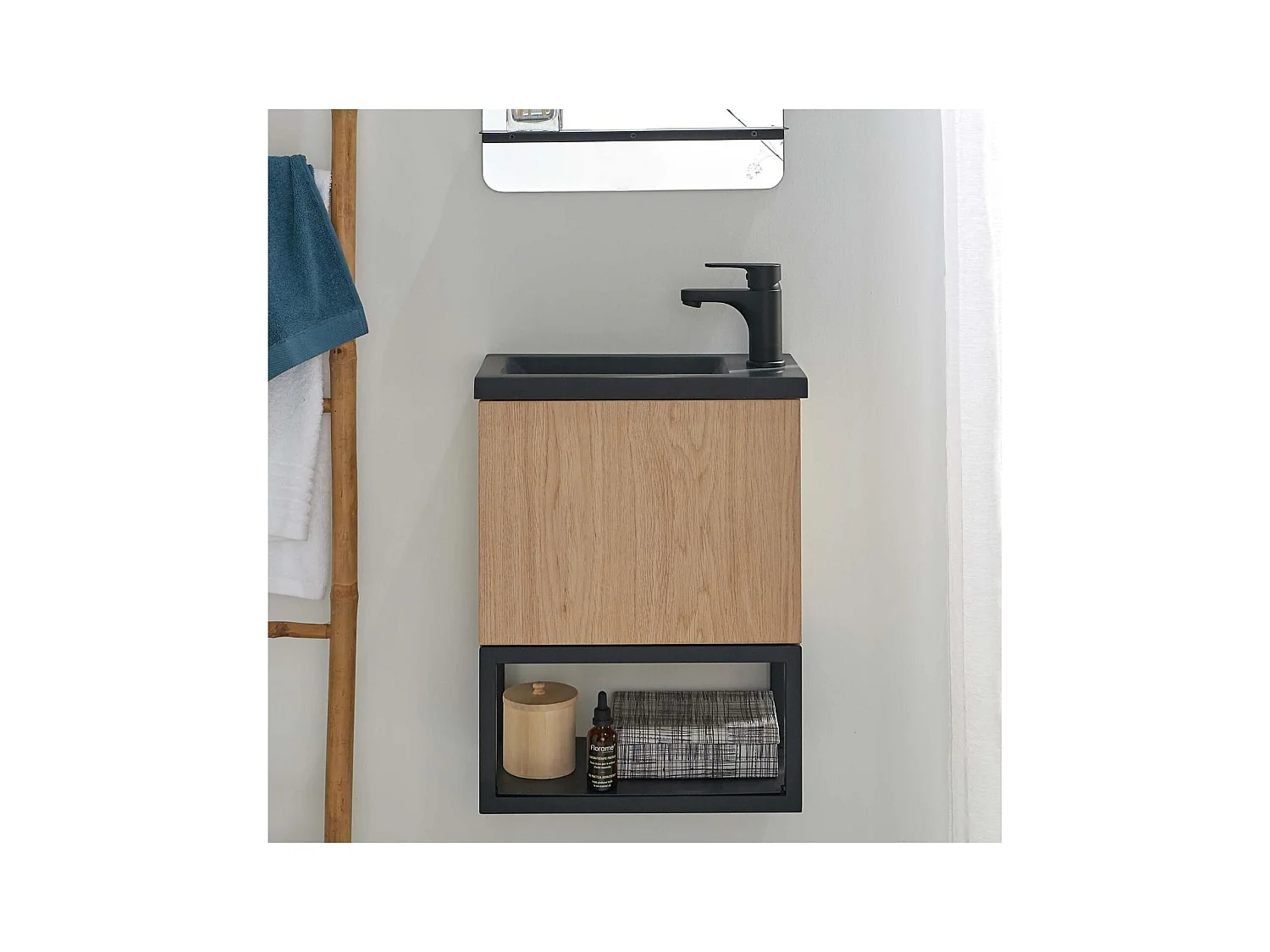 Meuble lave-mains suspendu métal et bois avec vasque en résine 40x50cm