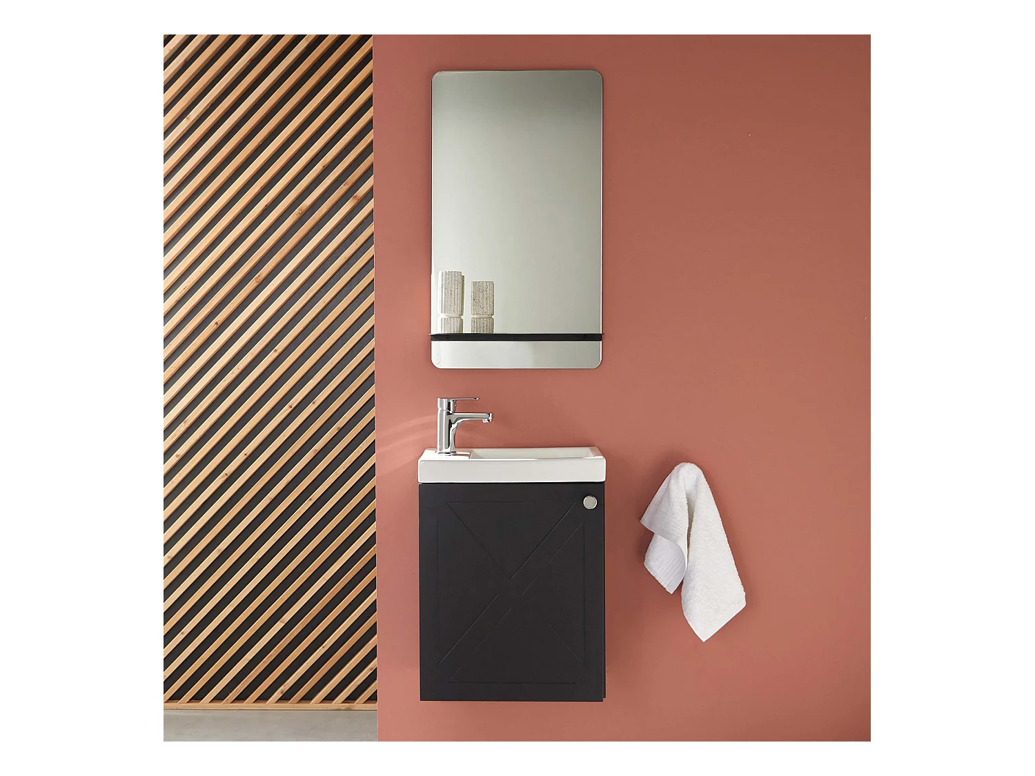 Ensemble meuble lave-mains noir carbone AVA avec miroir tablette blanche