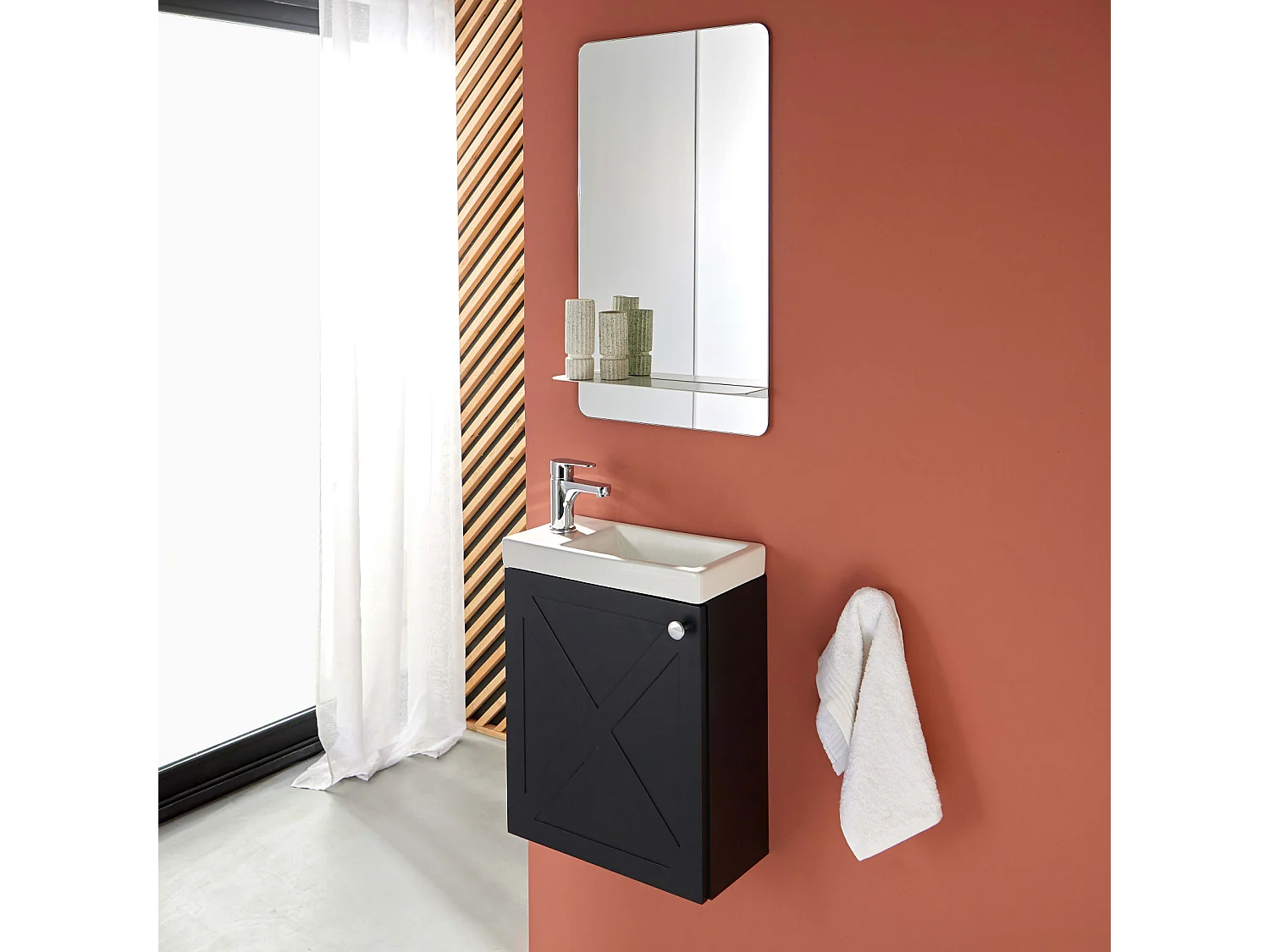 Meuble lave-mains AVA noir carbone + miroir tablette blanche