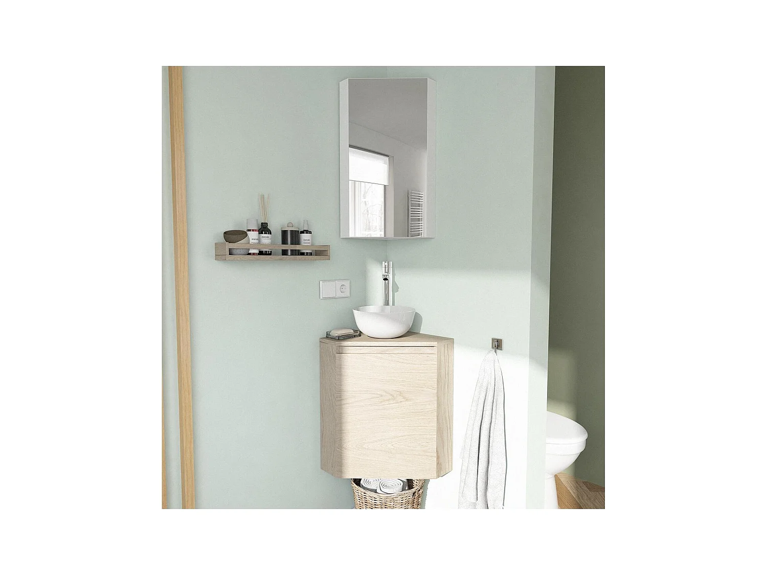 Ensemble lave-mains d'angle avec vasque et armoire de toilette miroir