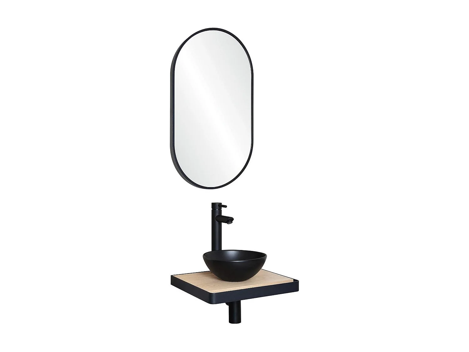 Meuble lave-mains plan fin porte-serviettes face + vasque noire + robinet + miroir