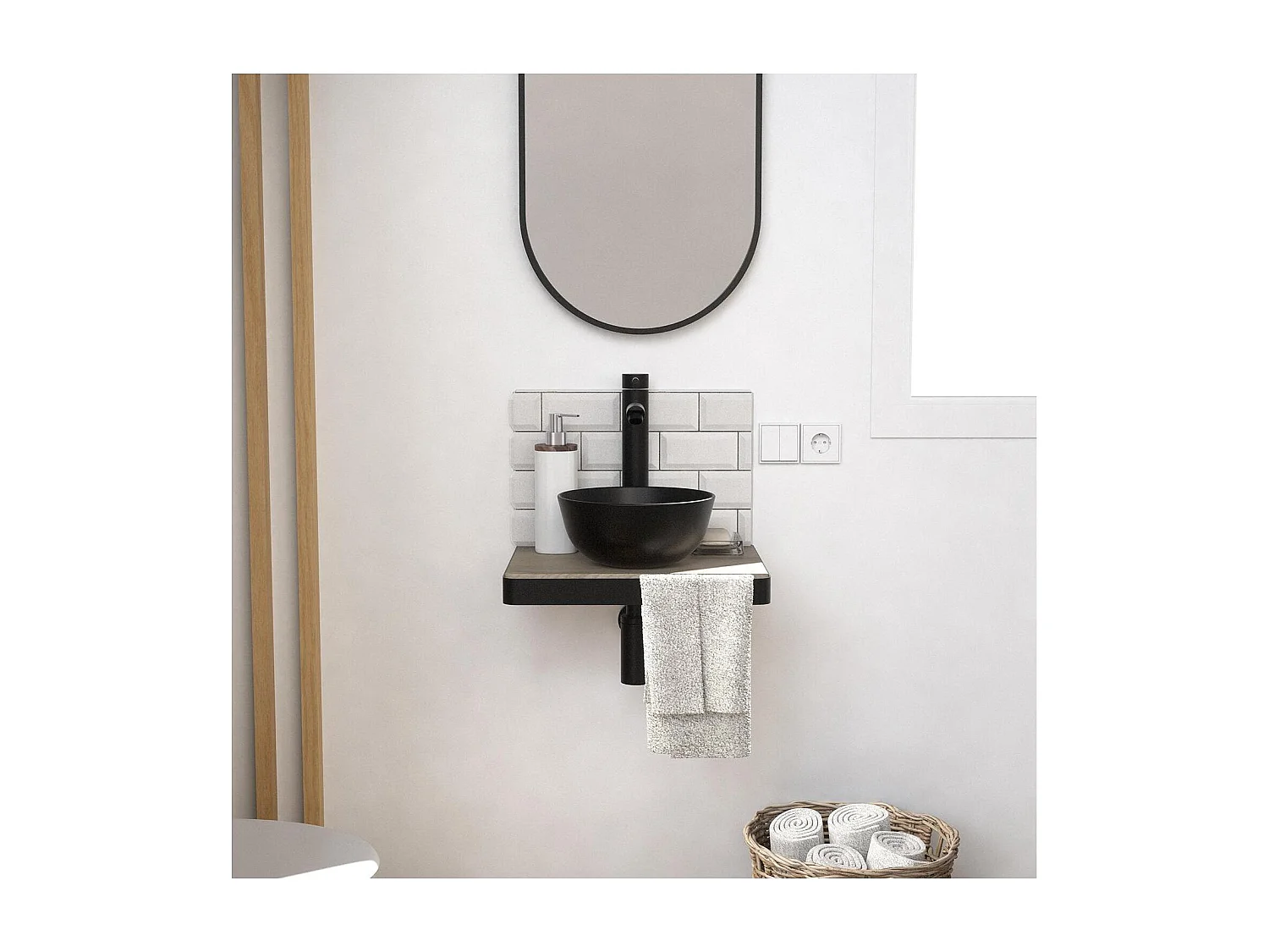Meuble lave-mains SOHO avec vasque noire, robinet et miroir