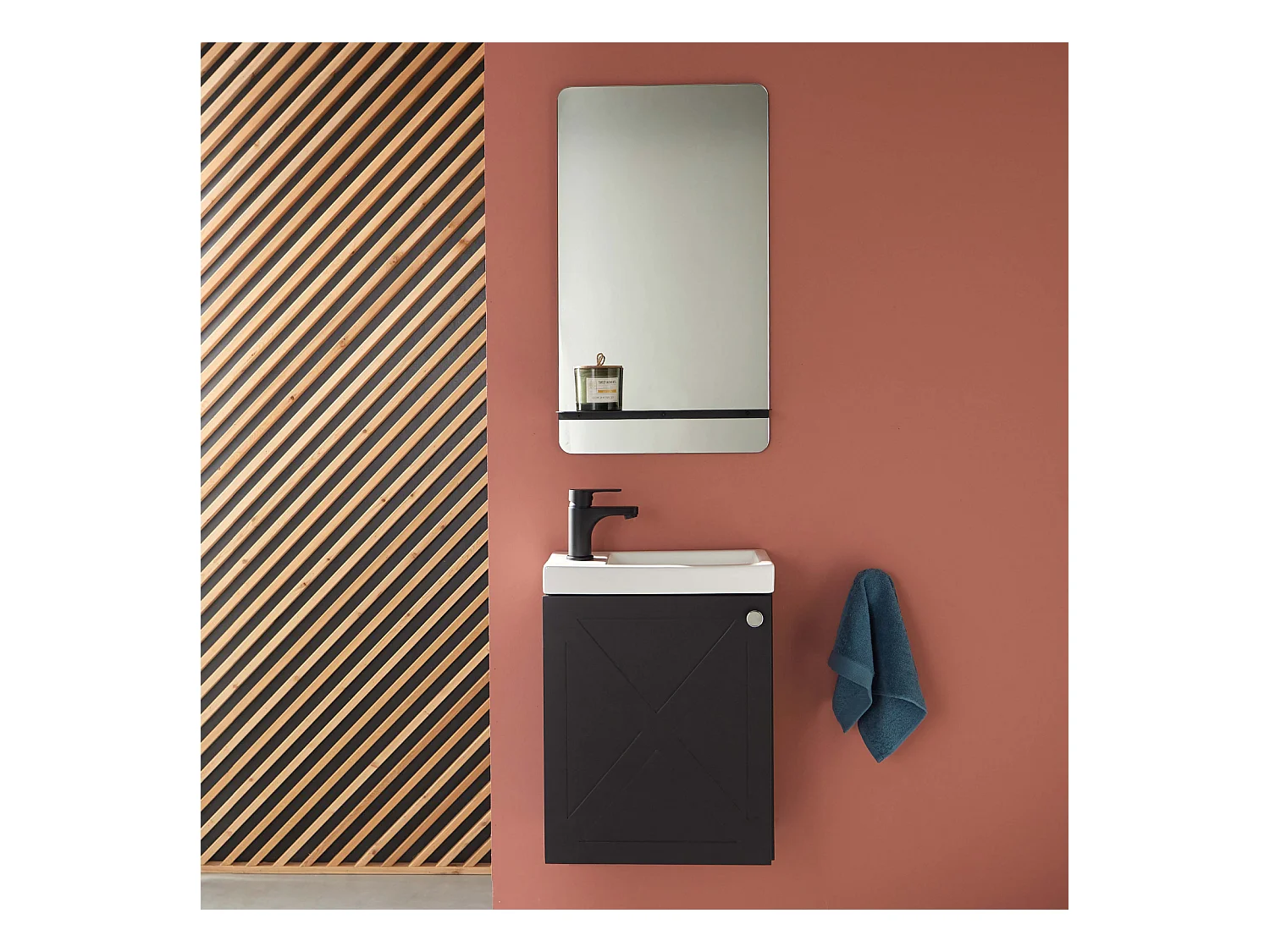Ensemble meuble lave-mains noir carbone AVA + miroir + robinet noir