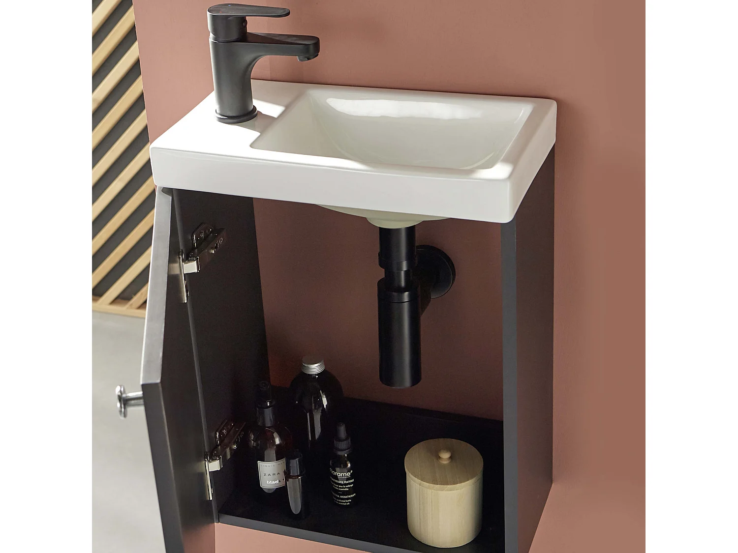 Ensemble meuble lave-mains noir carbone AVA + miroir + robinet noir