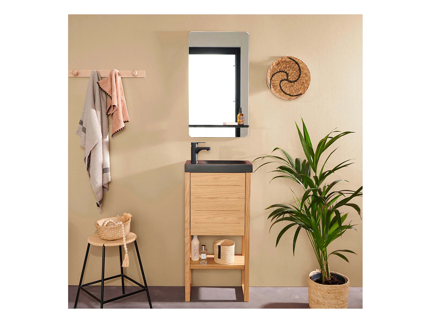 Ensemble meuble lave-mains vasque noire ATOLL avec miroir