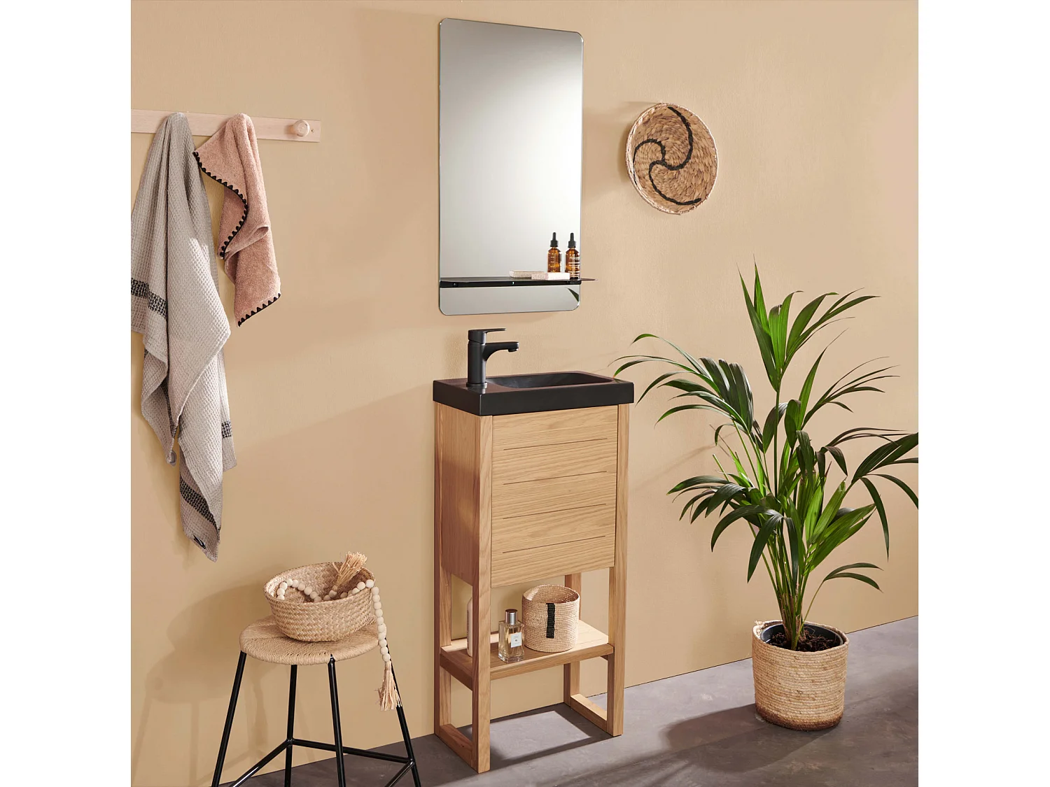 Ensemble meuble lave-mains vasque noire ATOLL avec miroir