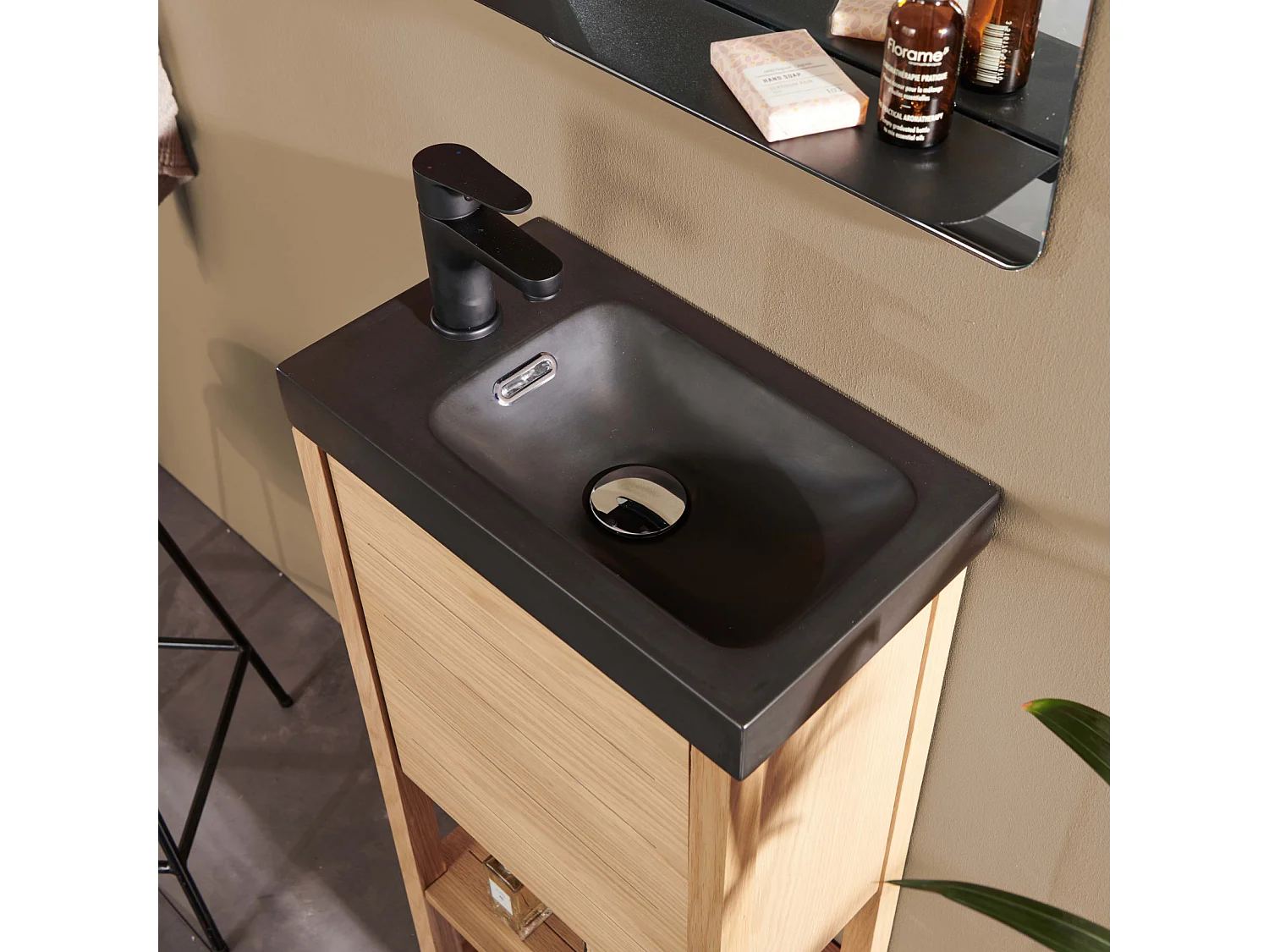 Ensemble meuble lave-mains vasque noire ATOLL avec miroir