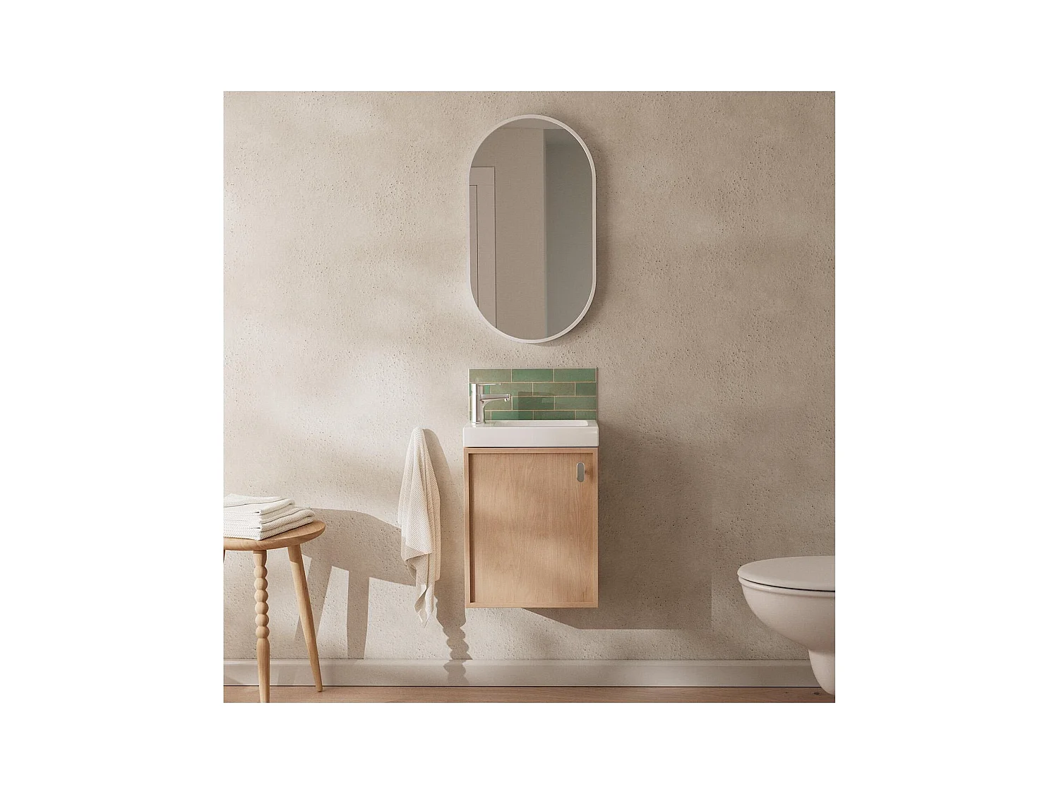 Ensemble lave-mains avec poignée, robinet chromée et miroir ovale blanc