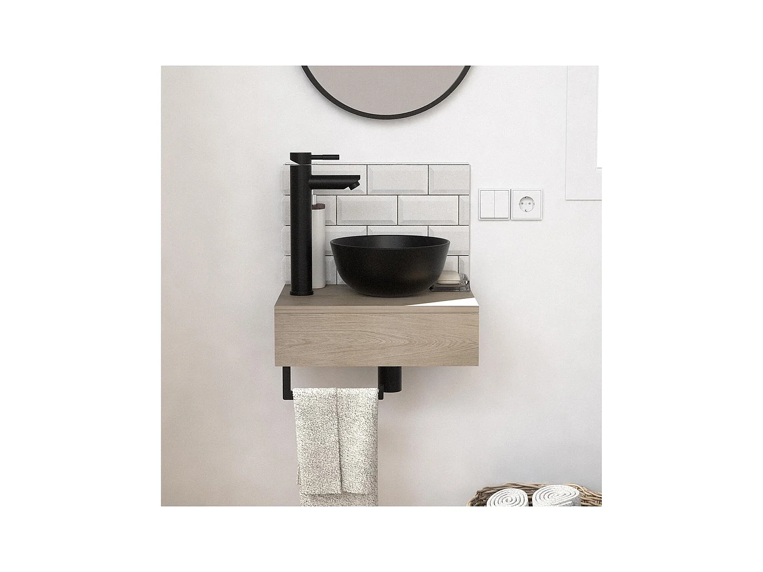 Meuble lave-mains plan épais porte-serviettes dessous + vasque noire