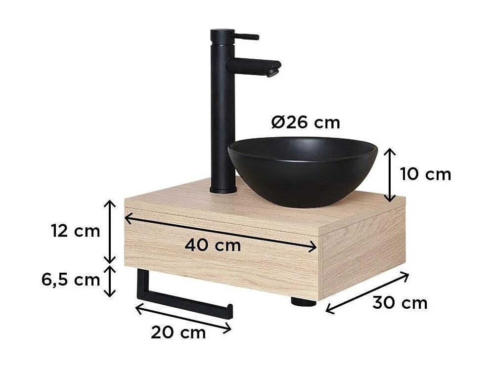 Meuble lave-mains plan épais porte-serviettes dessous + vasque noire