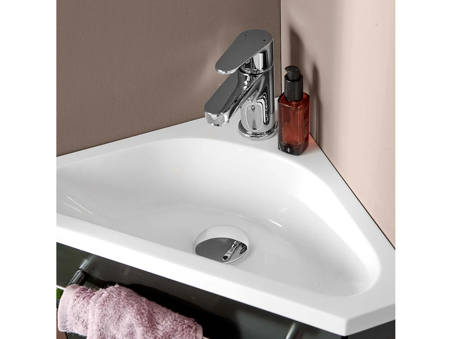 Meuble lave-mains d'angle suspendu avec vasque résine