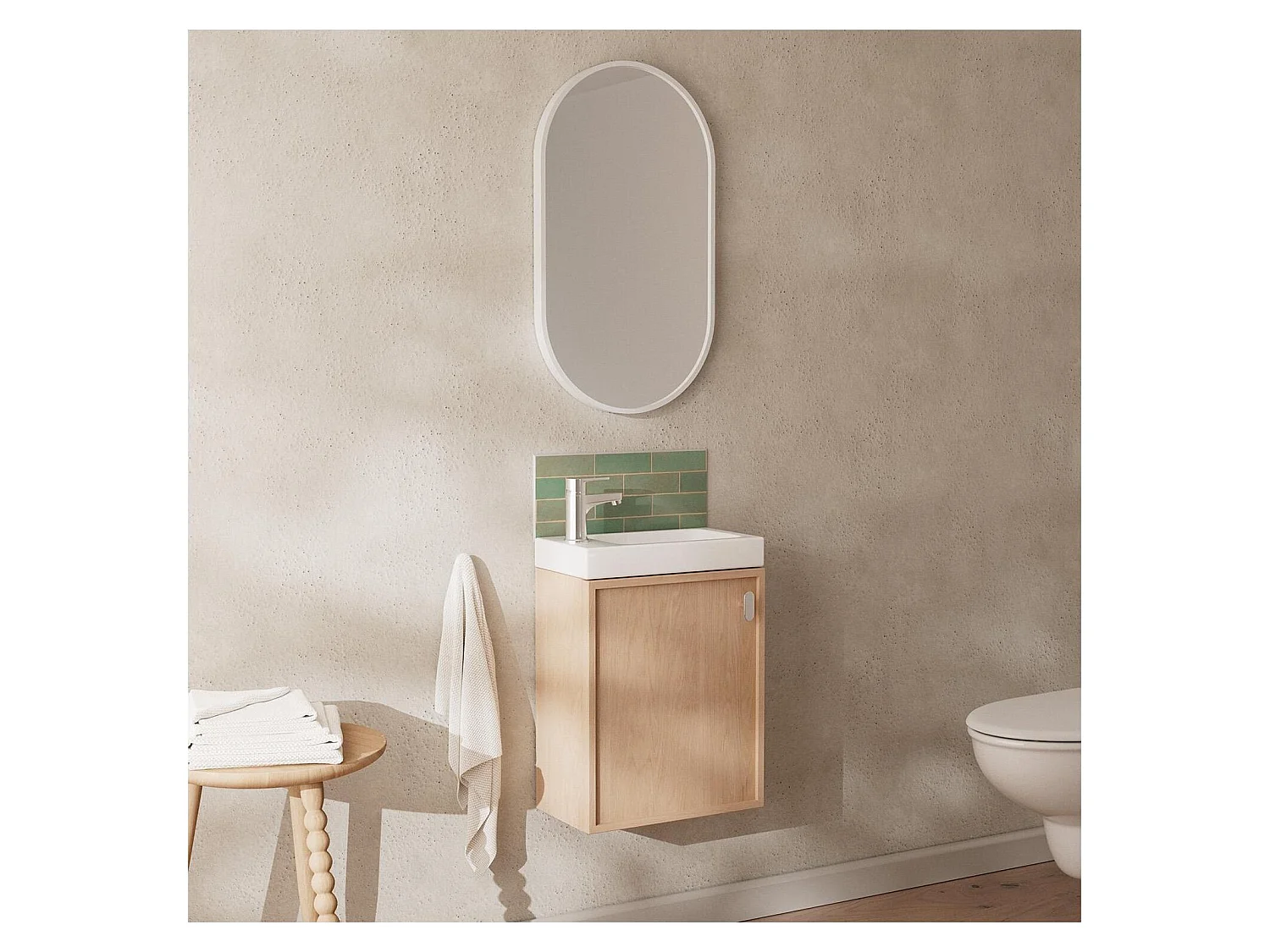 Ensemble meuble lave-mains décor chêne FRAME + robinet