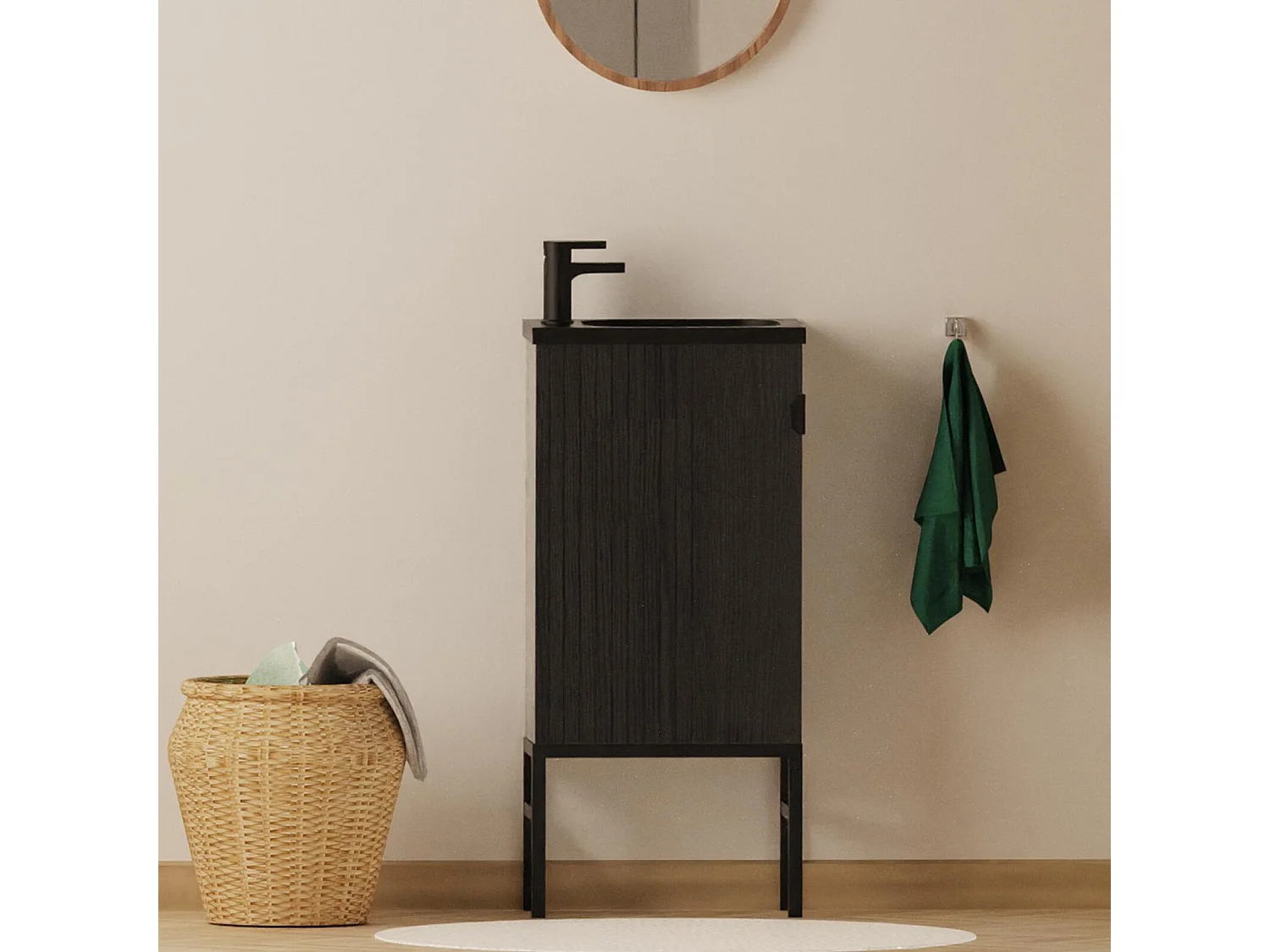 Ensemble meuble lave-mains chêne carbone + robinet