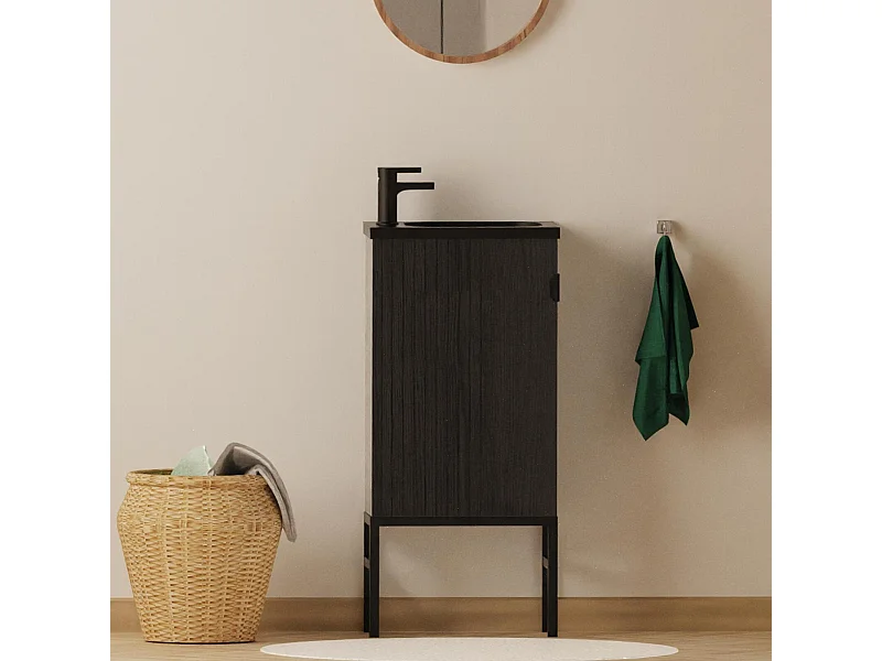 Ensemble meuble lave-mains chêne carbone + robinet