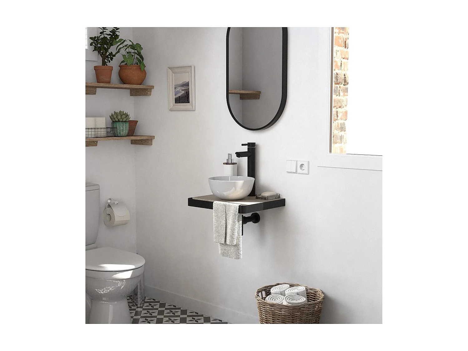 Meuble lave-mains plan fin porte-serviettes face + vasque blanche + robinet + miroir