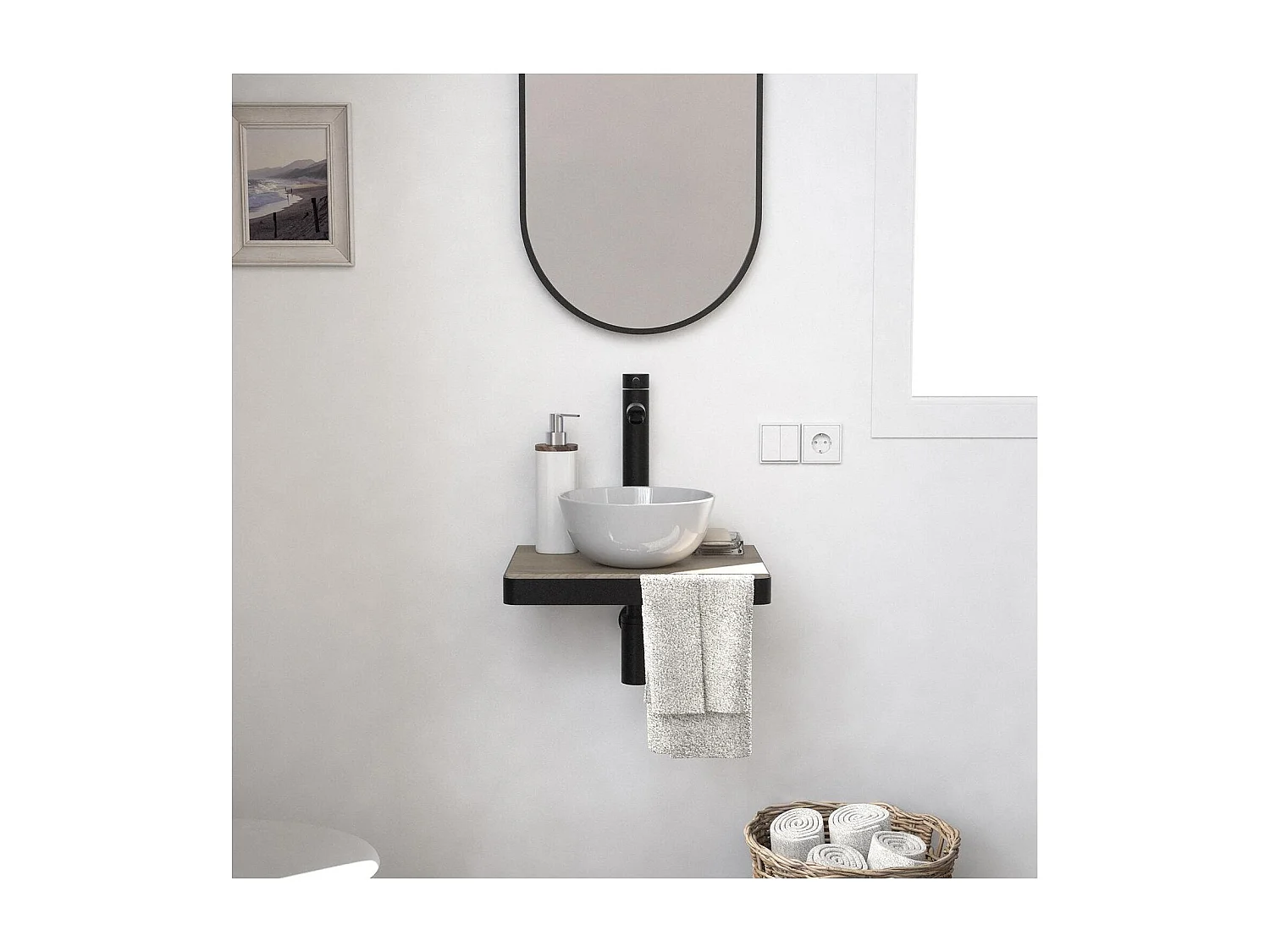 Meuble lave-mains SOHO plan fin p-serviette face vasque blanche+rob+miroir