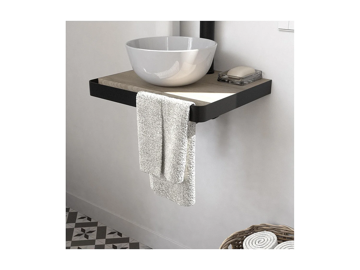 Meuble lave-mains SOHO plan fin p-serviette face vasque blanche+rob+miroir