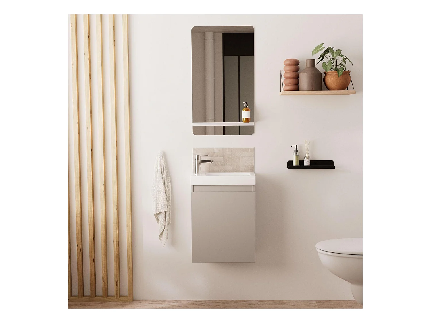 Ensemble lave-mains suspendu avec robinet chromé et miroir tablette