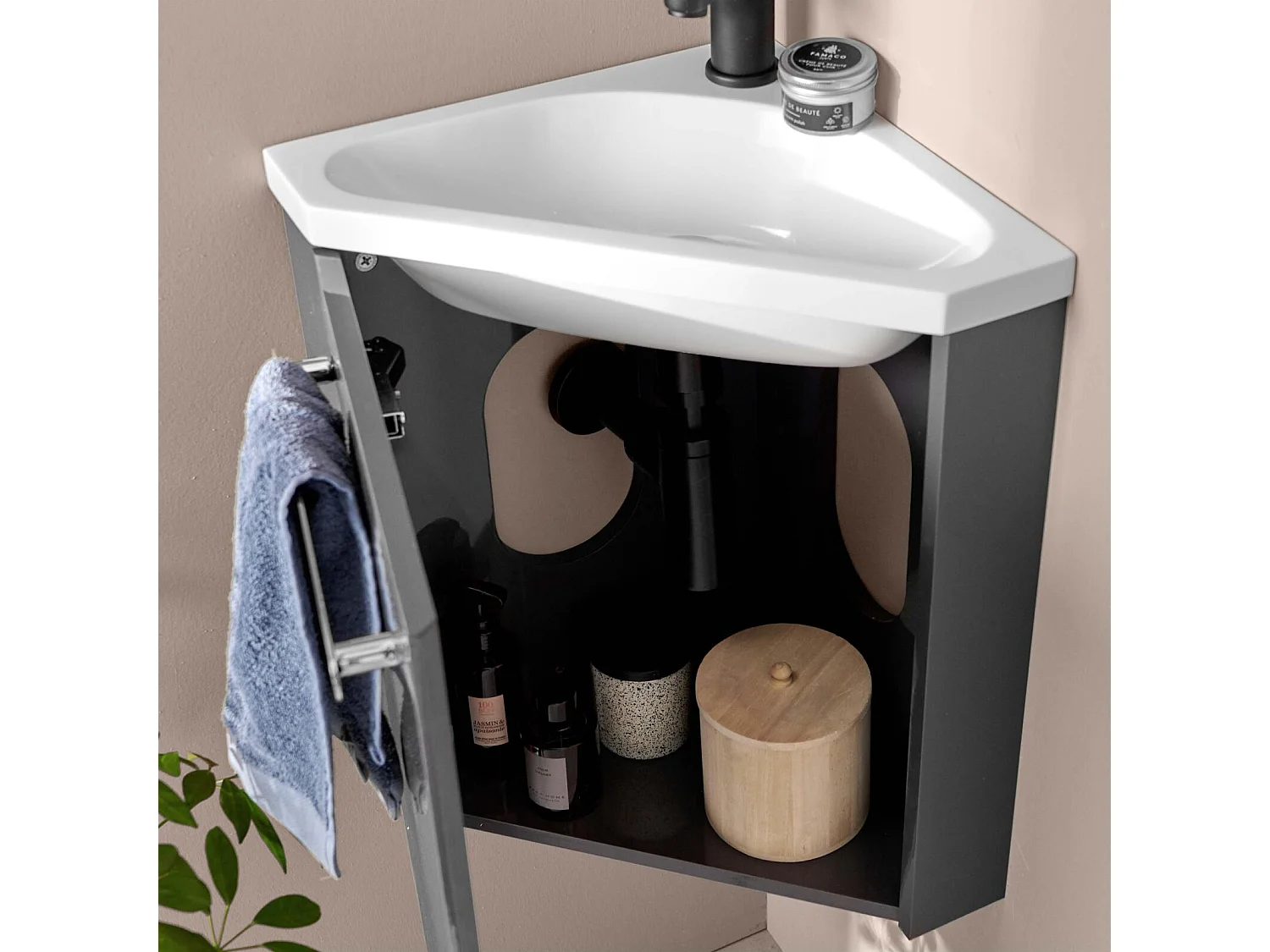 Ensemble lave-mains d'angle suspendu avec robinet noir