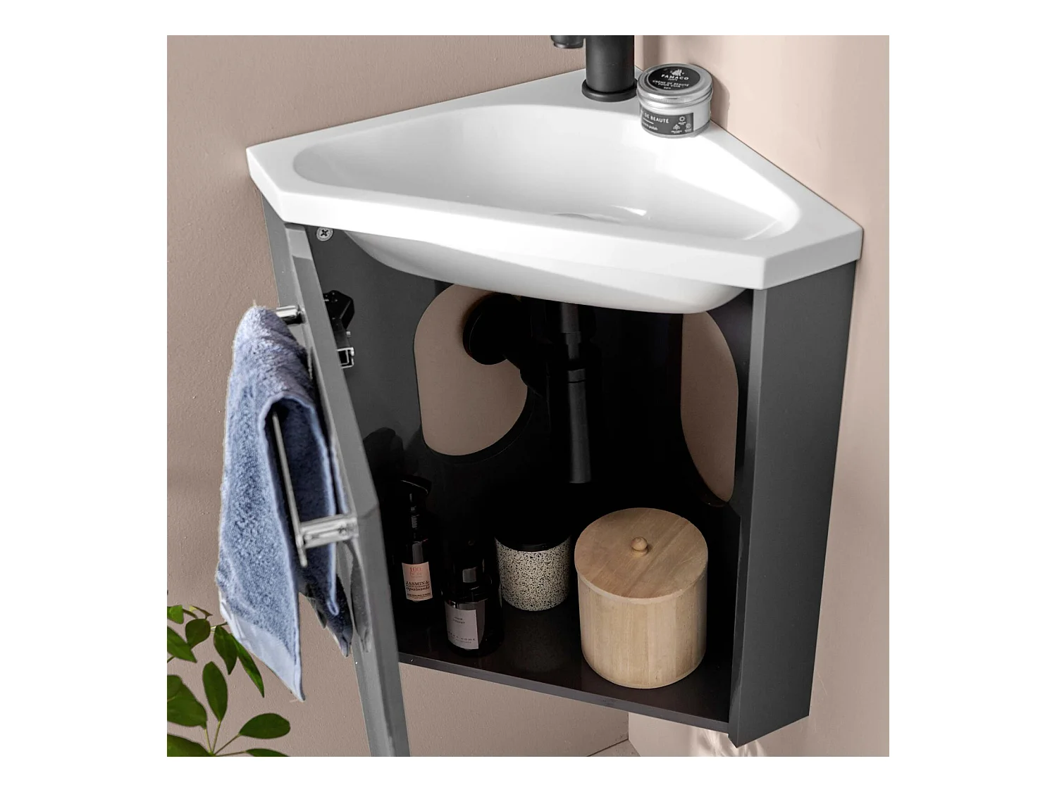 Ensemble lave-mains d'angle suspendu avec robinet noir