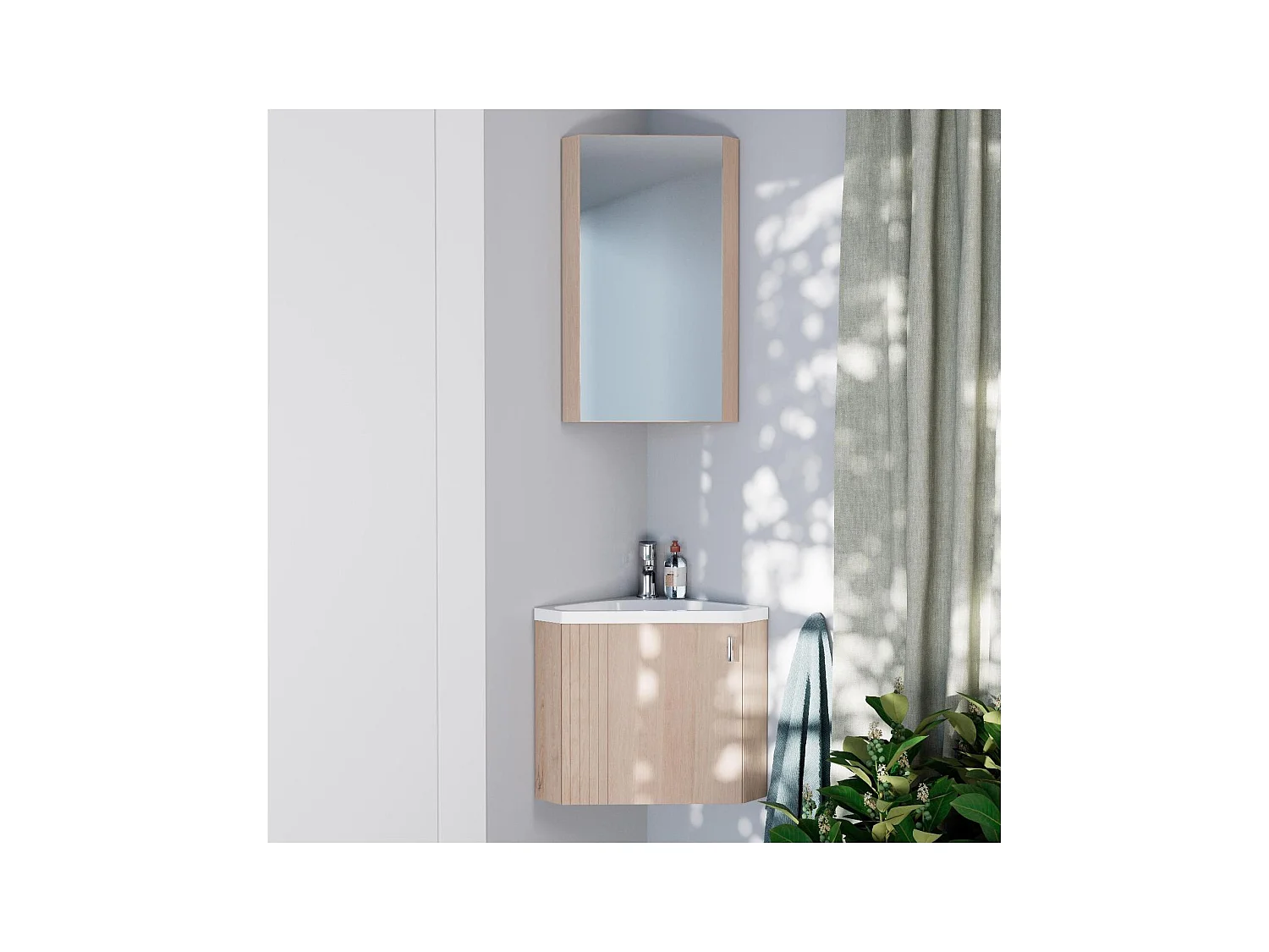 Ensemble lave-mains d'angle décor chêne avec robinet et armoire de toilette