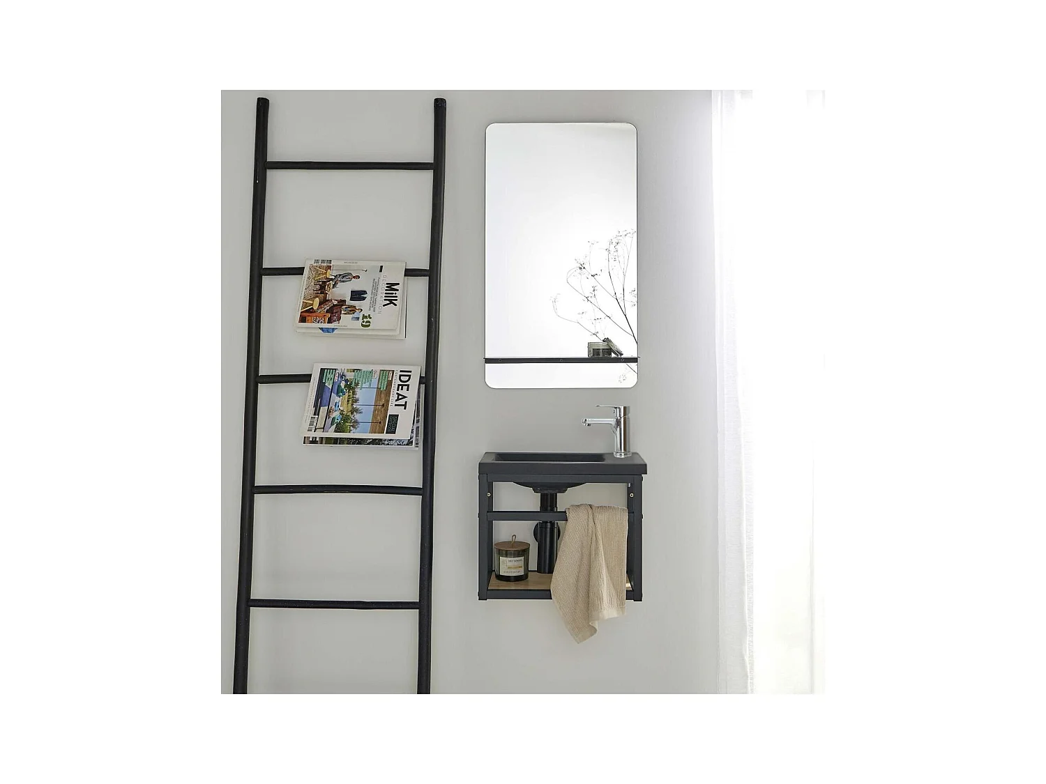 Ensemble lave-mains gain de place avec robinet chromé et miroir tablette