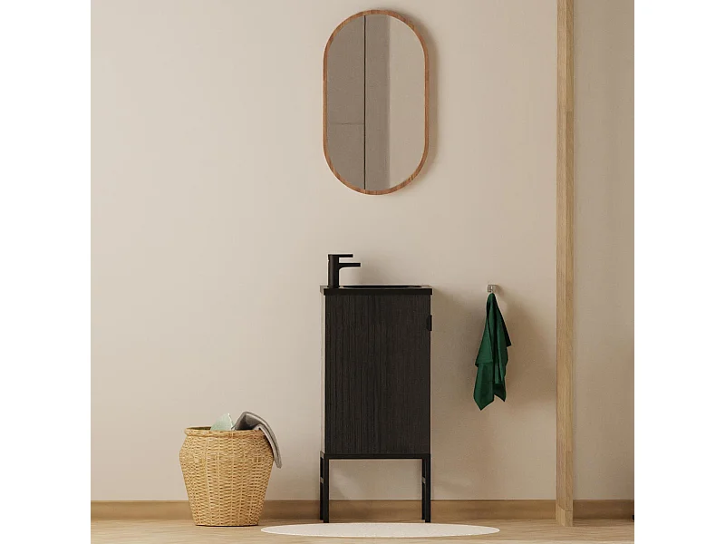 Ensemble meuble lave-mains décor chêne carbone + miroir
