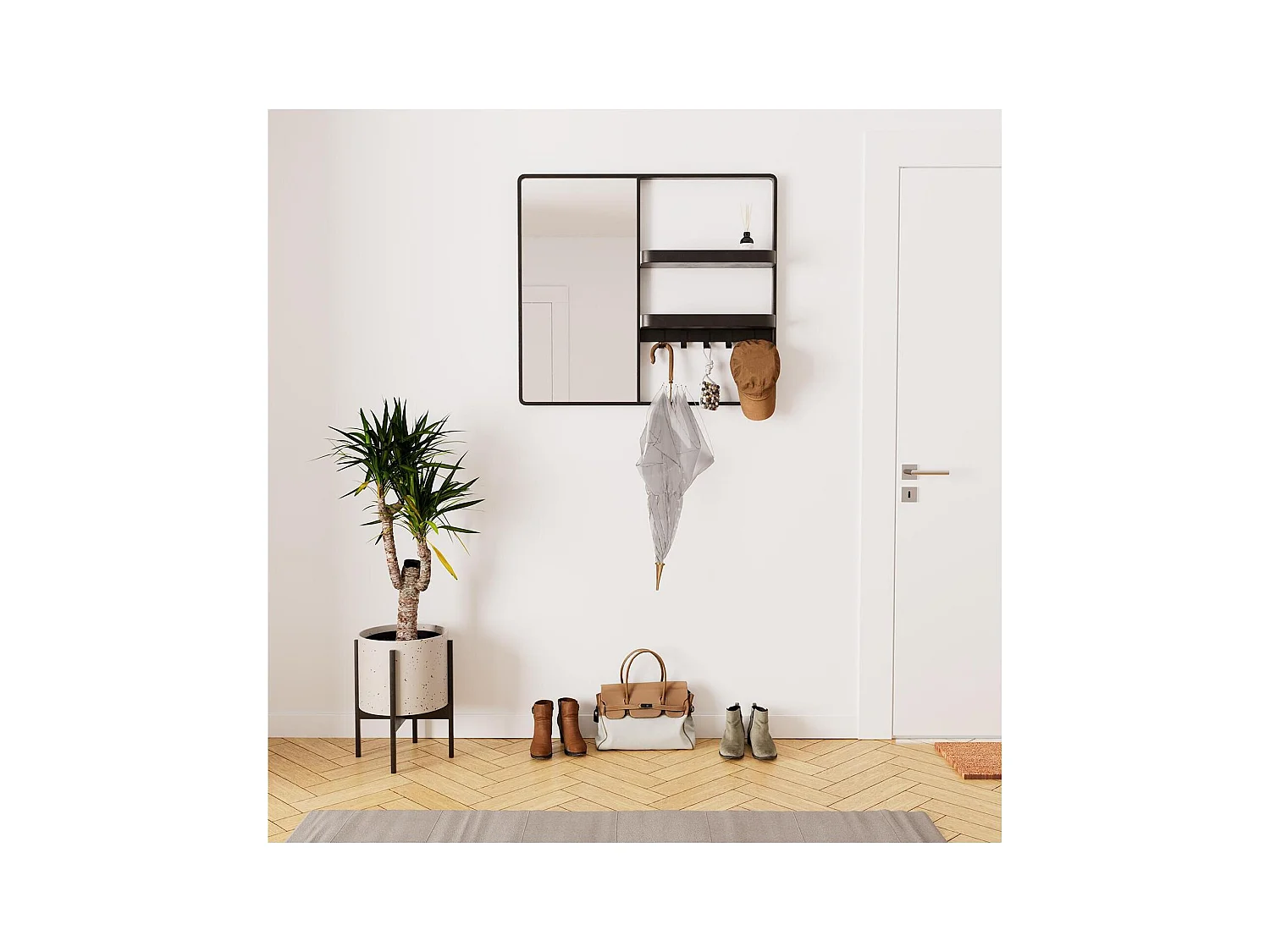 Miroir d'entrée en métal noir 90x80cm - avec rangement et patères