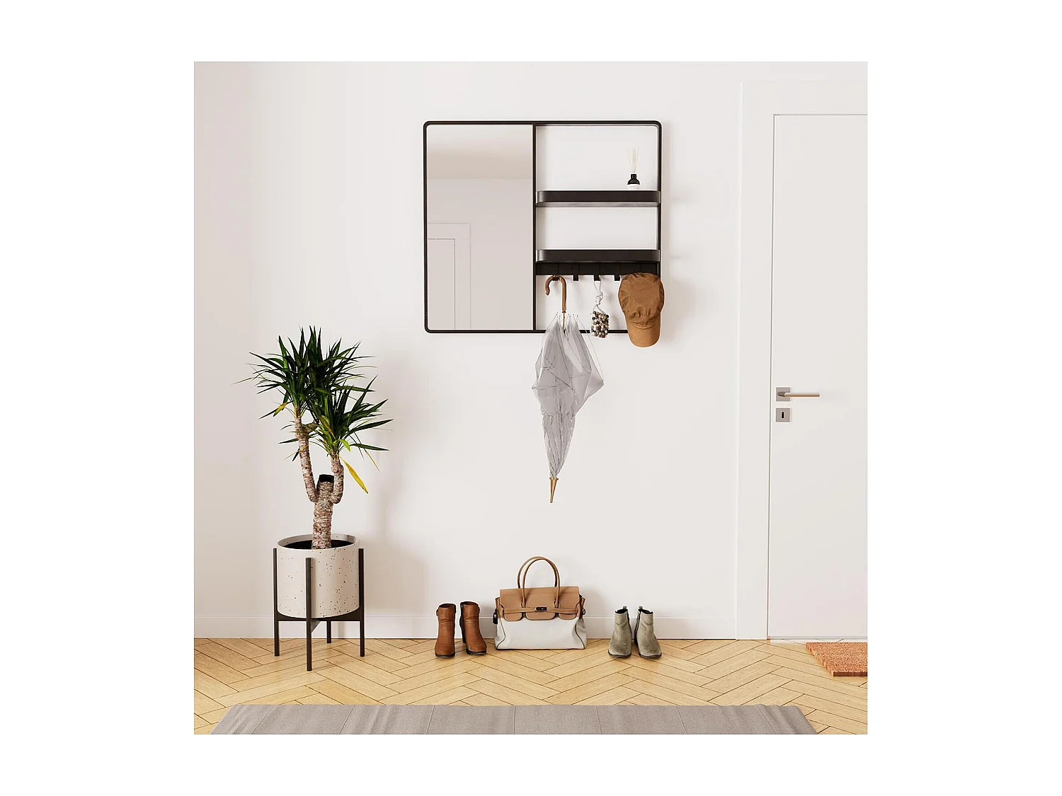 Miroir d'entrée en métal noir 90x80cm - avec rangement et patères