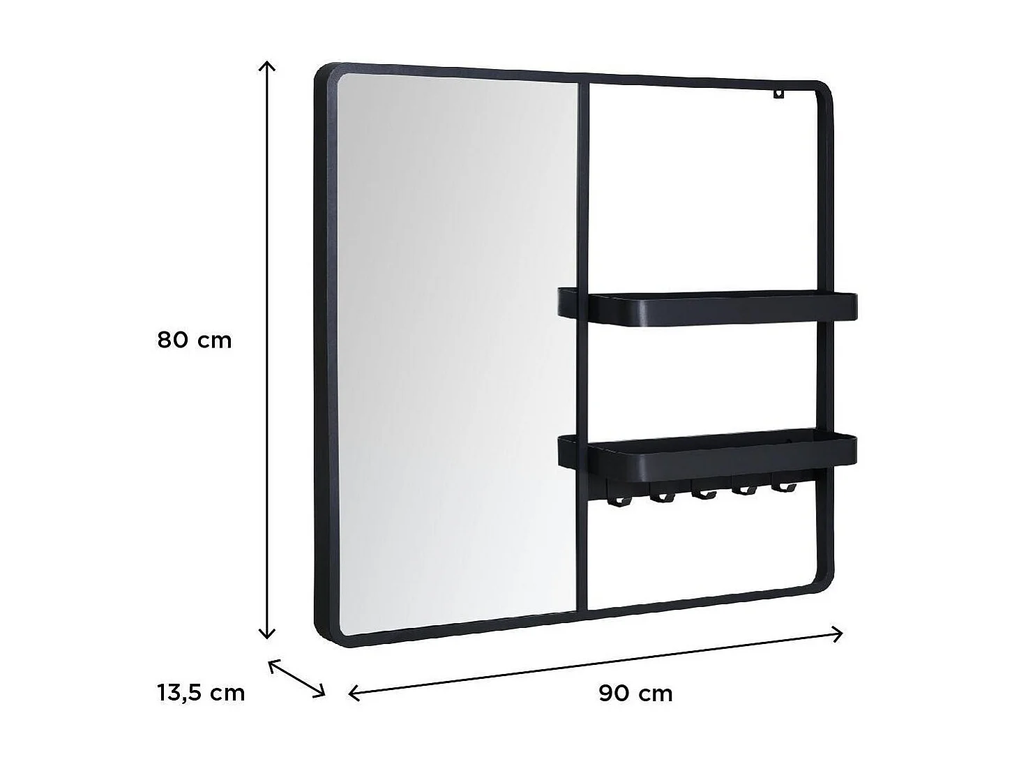 Miroir d'entrée en métal noir 90x80cm - avec rangement et patères