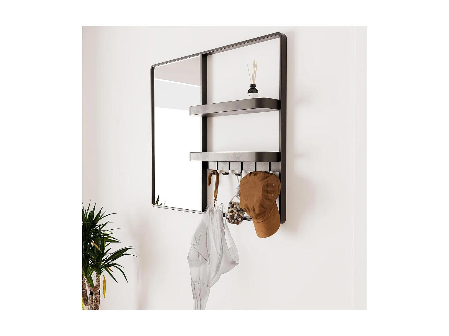 Miroir d'entrée en métal noir 90x80cm - avec rangement et patères