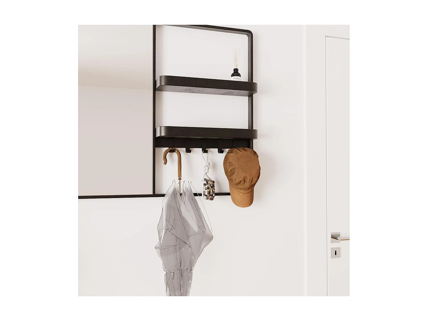 Miroir d'entrée en métal noir 90x80cm - avec rangement et patères