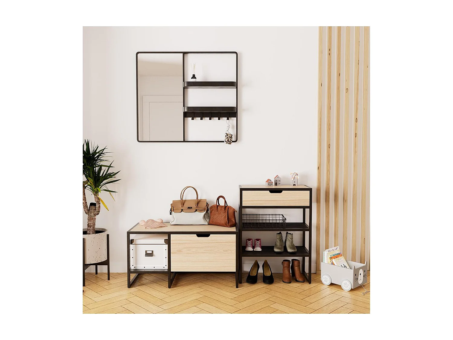 Miroir d'entrée en métal noir 90x80cm - avec rangement et patères