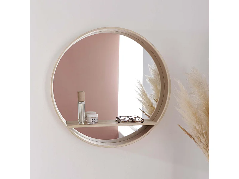 Miroir rond en chêne avec étagère D60cm