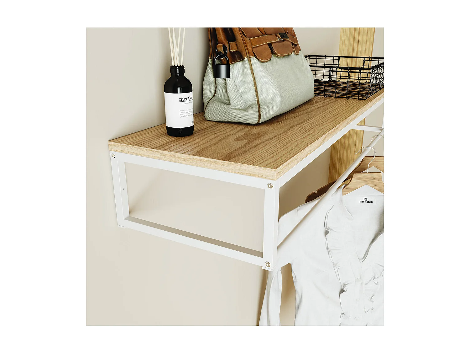 Etagère penderie murale bois et métal blanc 90x28,5cm