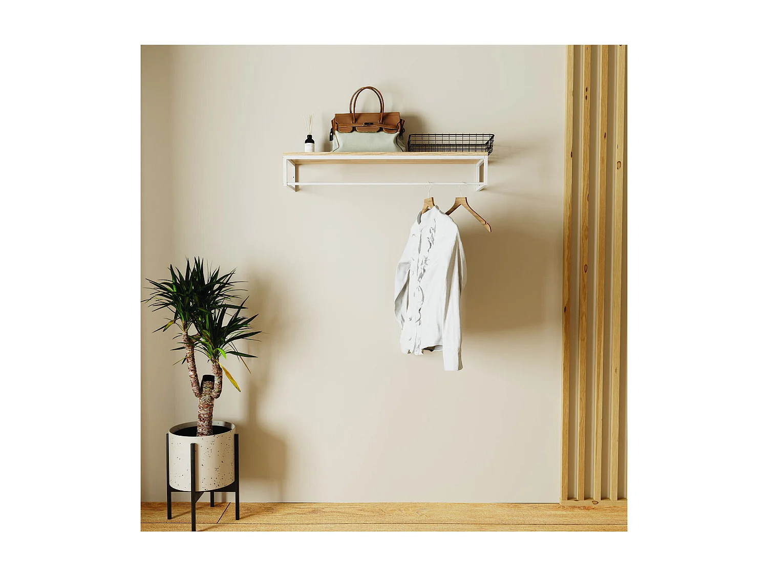 Etagère penderie murale bois et métal blanc 90x28,5cm