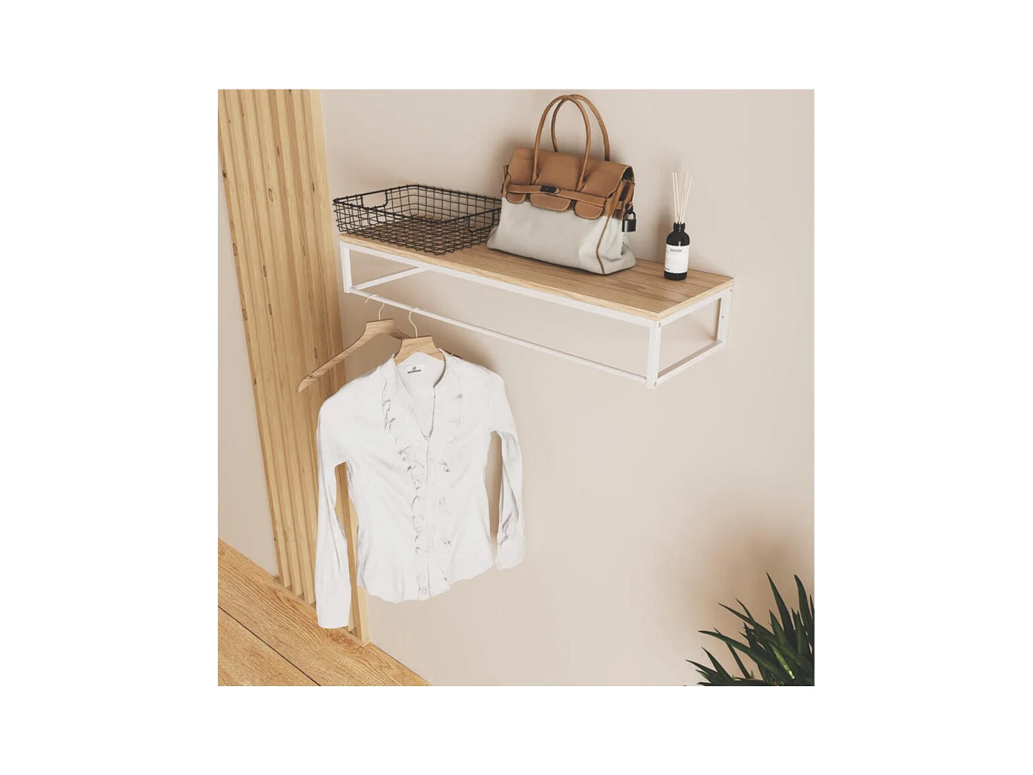 Etagère penderie murale bois et métal blanc 90x28,5cm