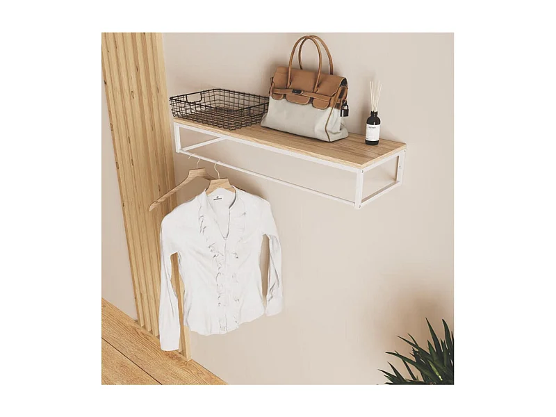 Etagère penderie murale bois et métal blanc 90x28,5cm