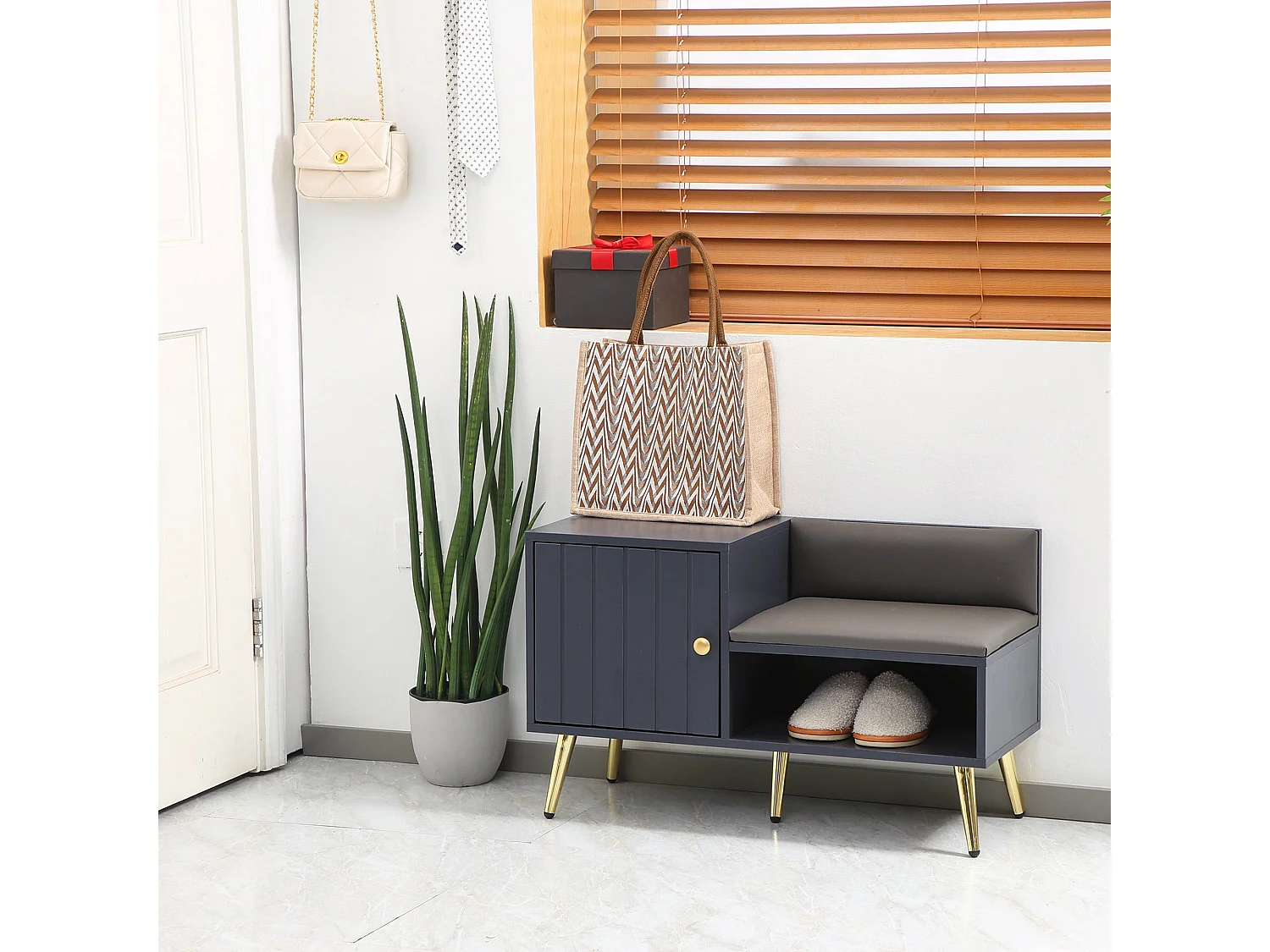 Banco Sapateiro Moderno HOMCOM com Almofada Acolchoada e Compartimento para 4 Pares de Sapatos - Cinza Escuro 80x33x49 cm