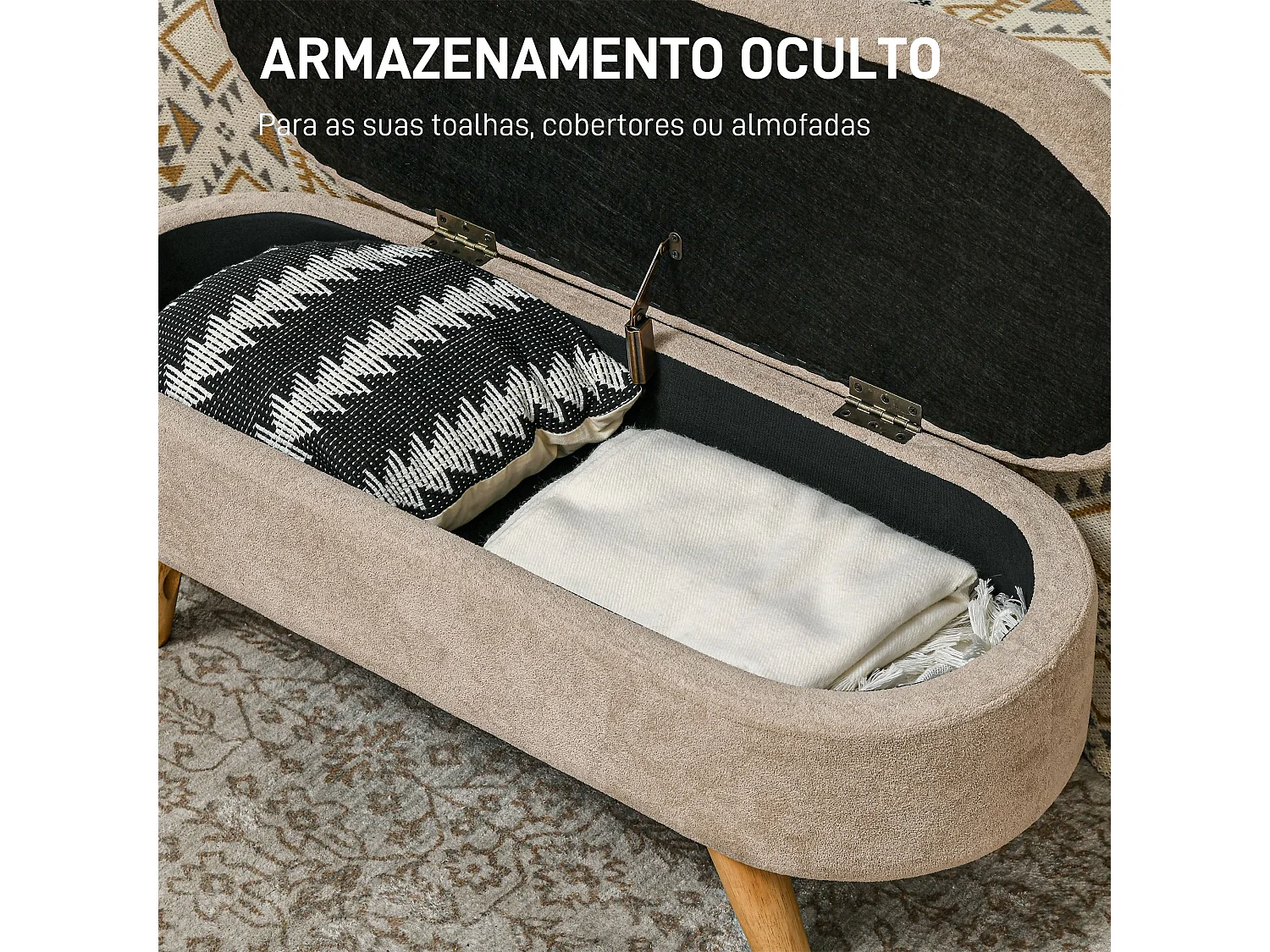 Banco de almacenaje Lavanda Homcom con patas asiento acolchado beige 43x110x40 cm