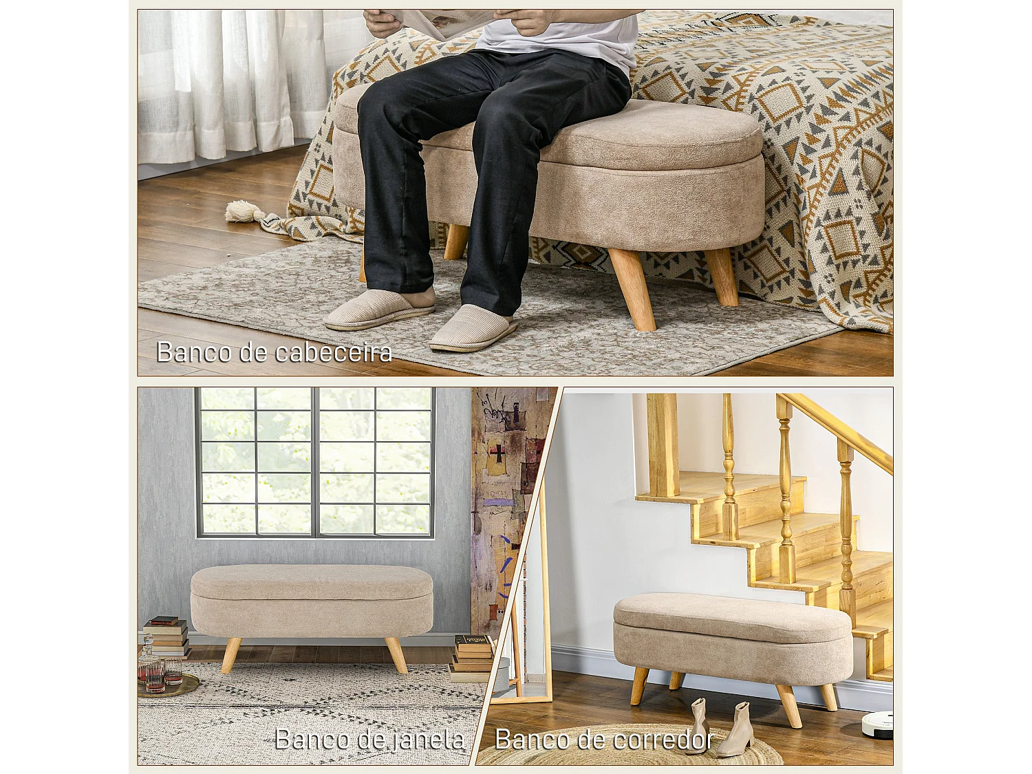 Banco de almacenaje Lavanda Homcom con patas asiento acolchado beige 43x110x40 cm