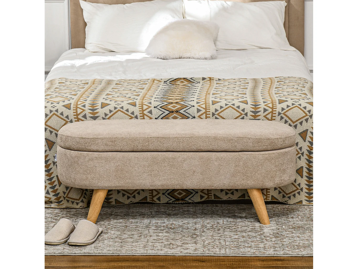 Banco de almacenaje Lavanda Homcom con patas asiento acolchado beige 43x110x40 cm