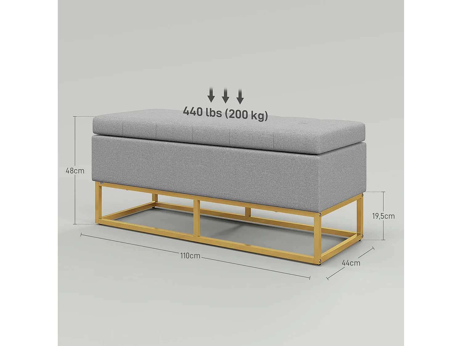Banco de Armazenamento Estofado em Linho com Pés de Aço - Cinza, 110x44x48 cm