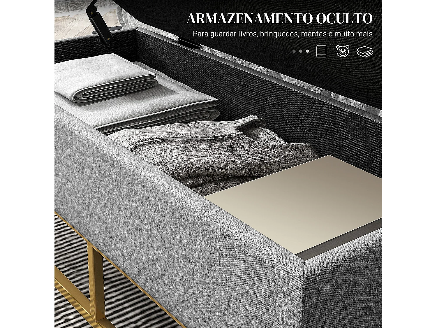 Banco de Armazenamento Estofado em Linho com Pés de Aço - Cinza, 110x44x48 cm