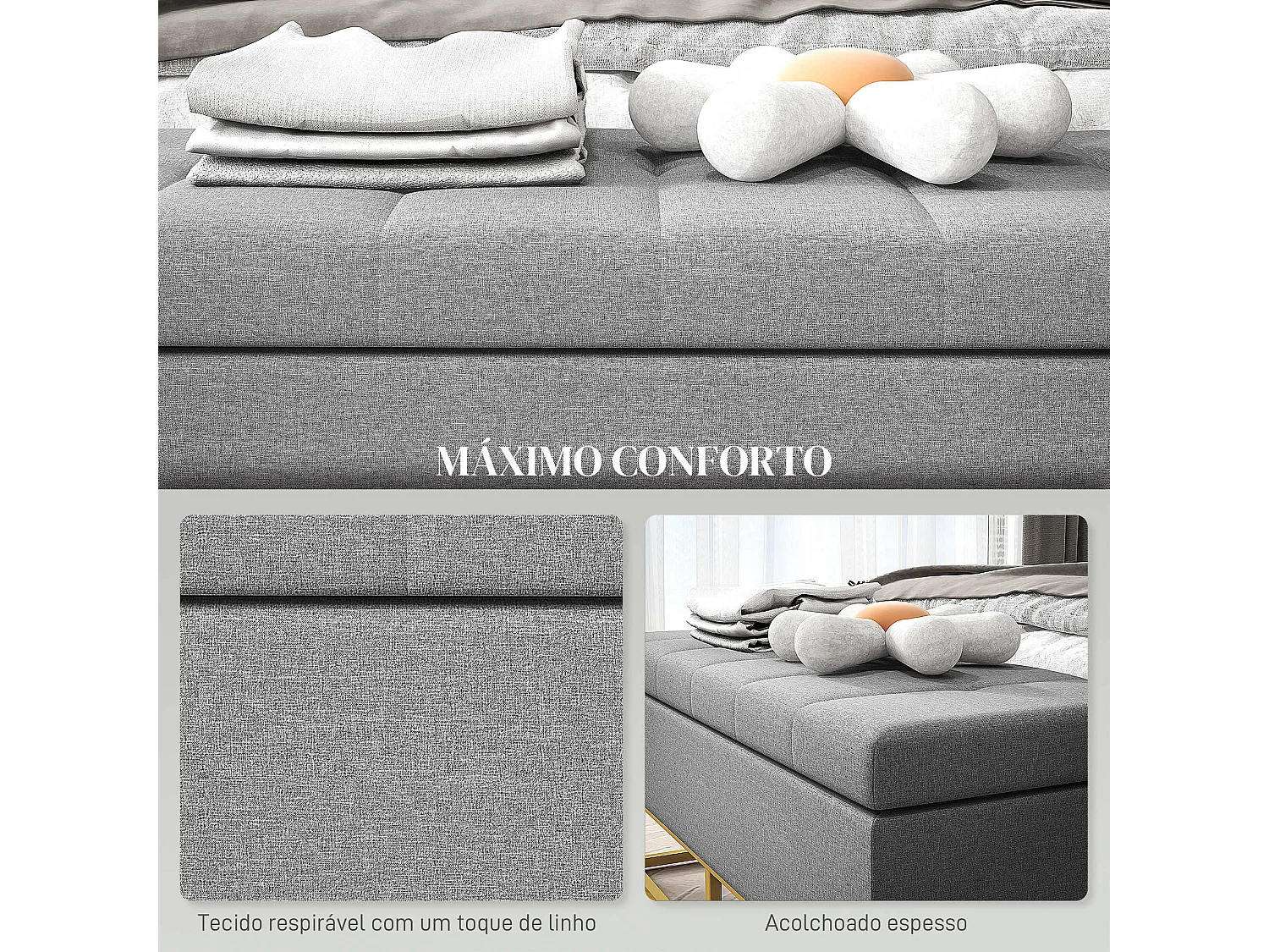 Banco de Armazenamento Estofado em Linho com Pés de Aço - Cinza, 110x44x48 cm