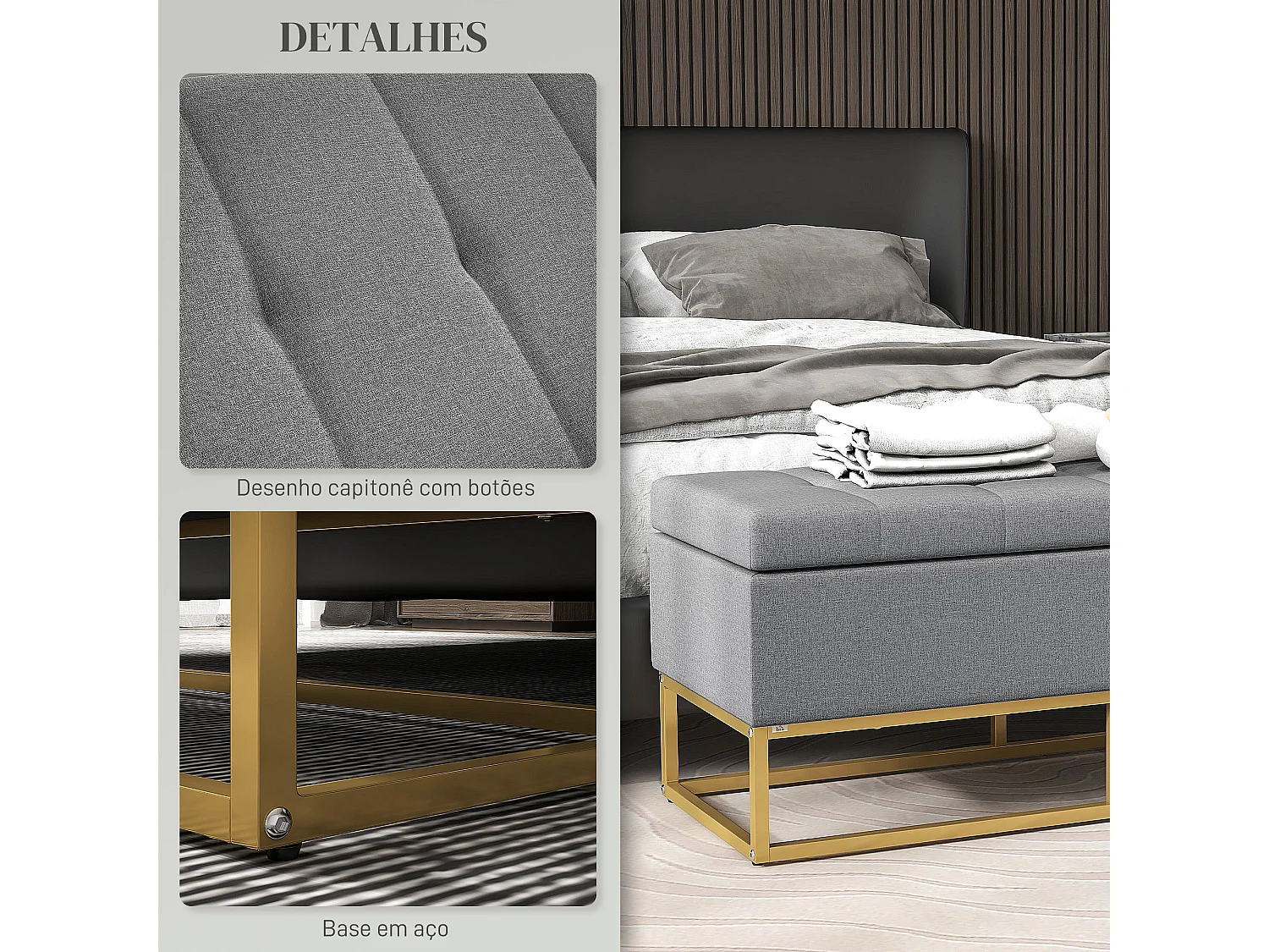 Banco de Armazenamento Estofado em Linho com Pés de Aço - Cinza, 110x44x48 cm