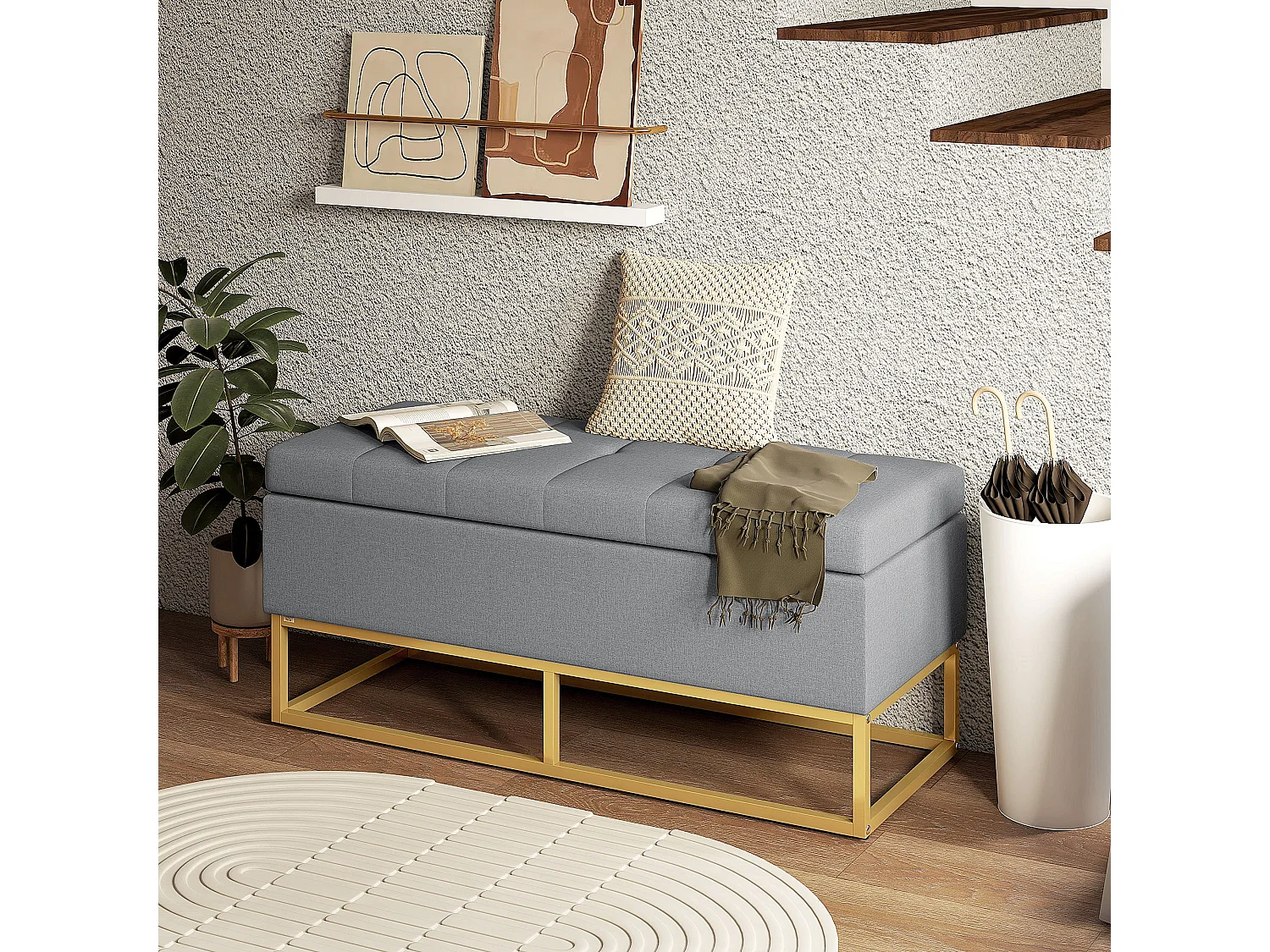 Banco de Armazenamento Estofado em Linho com Pés de Aço - Cinza, 110x44x48 cm
