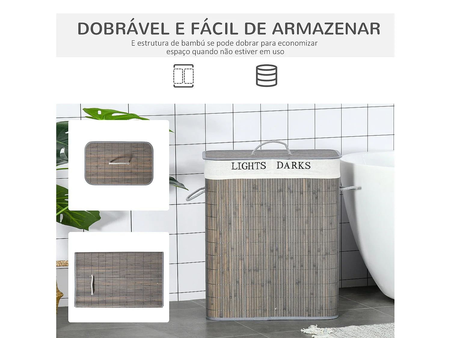 Cesto de ropa sucia Segura Homcom bambú 2 compartimentos y tapa gris 58x33x26 cm